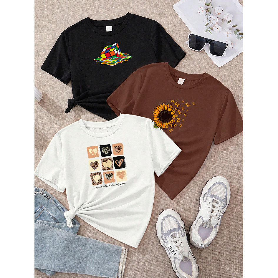 Camiseta Feminina Kit 3 Cubo Mágico Derretendo Preto Girassol Borboletas Marrom Nove Corações Love Is All Off White