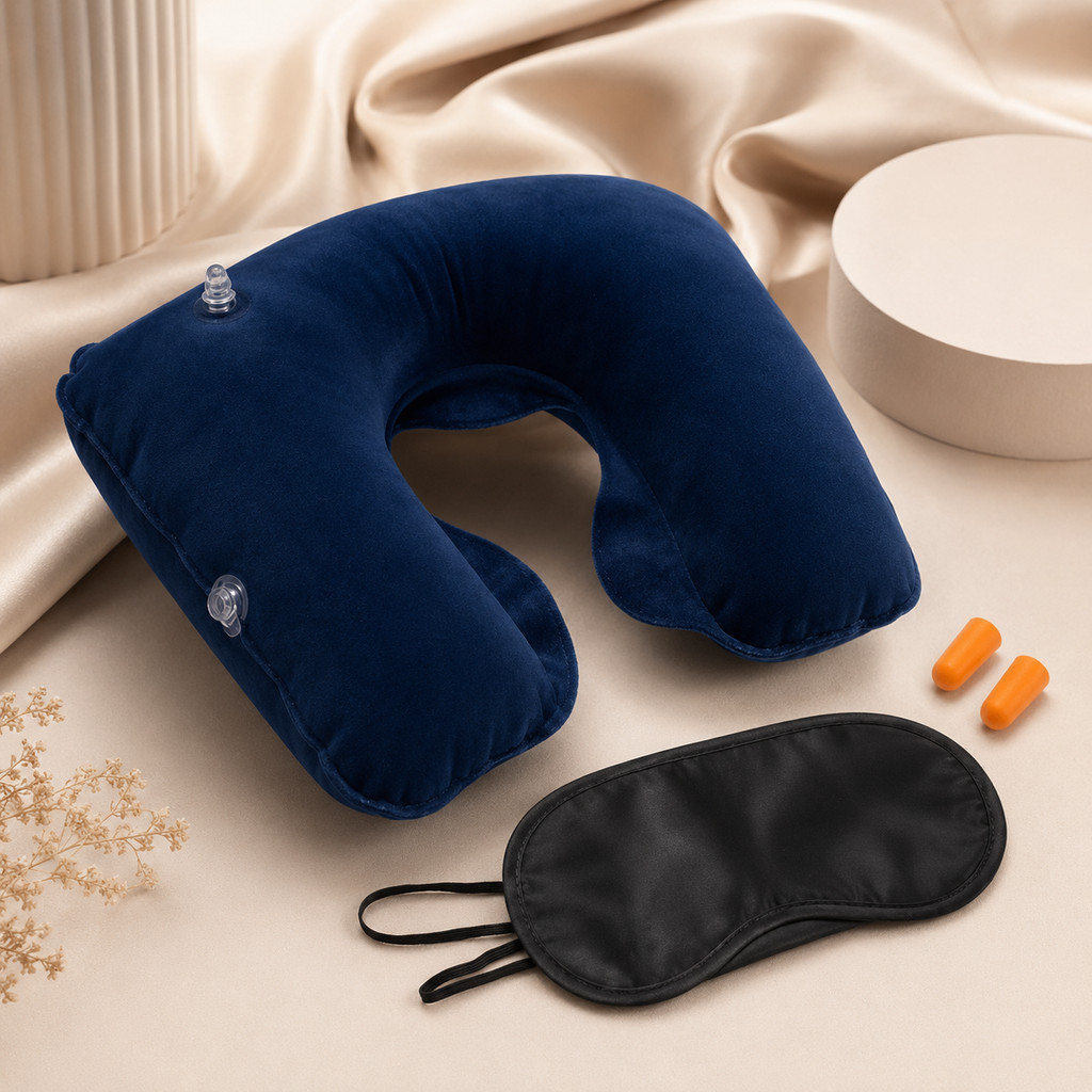 Kit Viagem Almofada Inflável de Pescoço Travesseiro Máscara para Olhos Protetores Auriculares