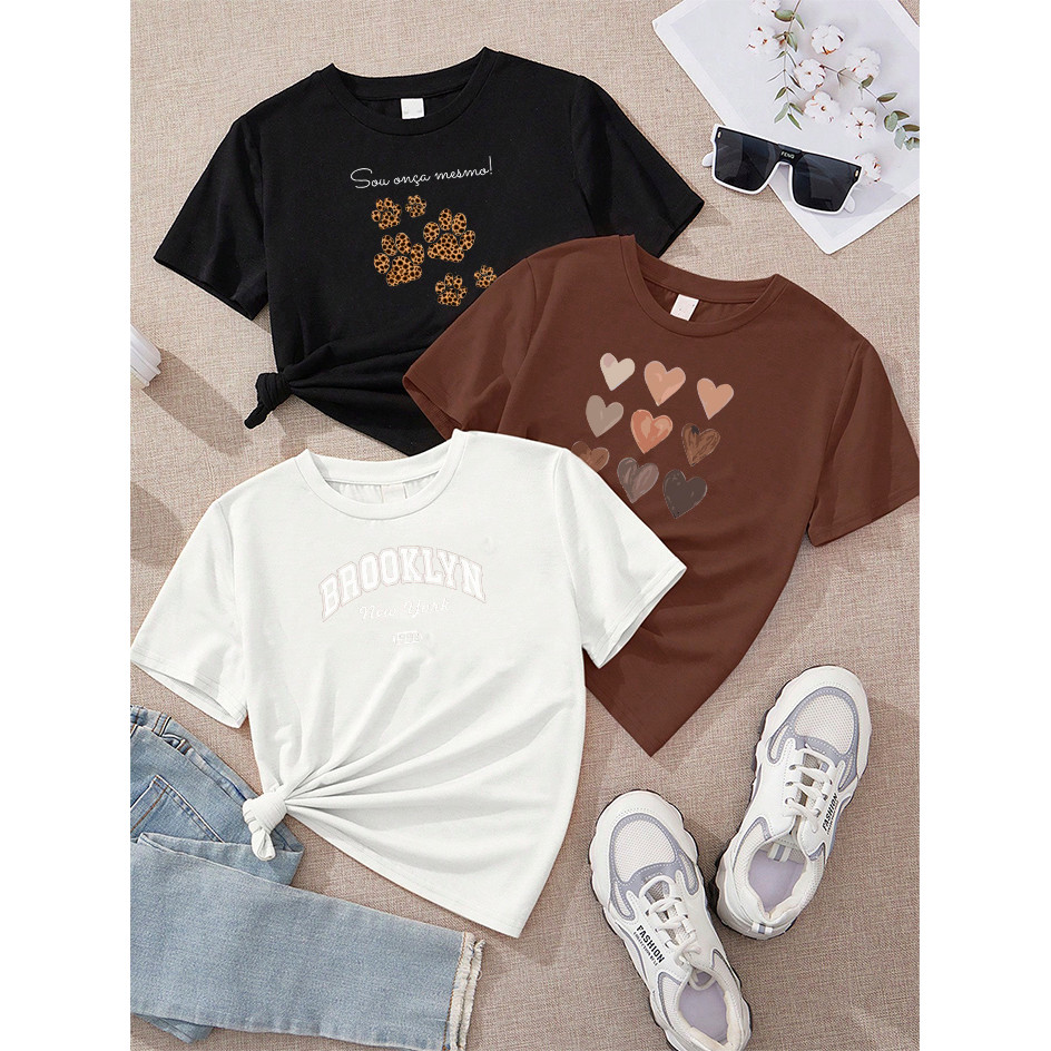 Blusa camiseta Feminina Kit 3 Sou Onça Mesmo Patinhas Preto Nove Corações Tons Pele Marrom Brooklyn New York College Off