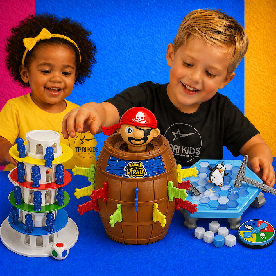 Kit 3 Jogos Brinquedo Infantil Criativo Torre Maluca + Pinguim Quebra Gelo + Pula Pirata Sem Tela