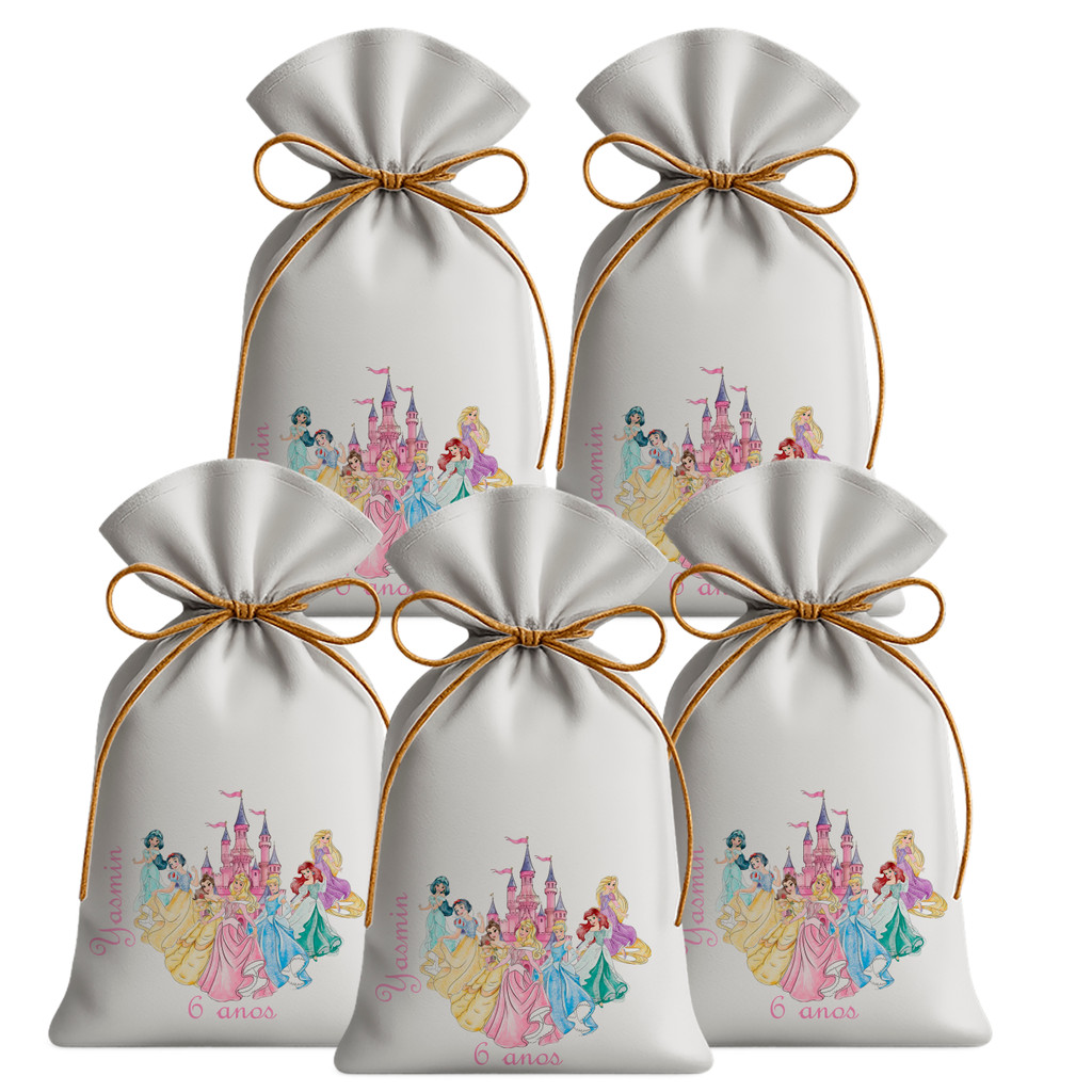 Kit 15 Saquinhos Sacolinhas Lembrancinha Festa Aniversário Tecido Personalizado Princesas Disney Aquarela Adultas