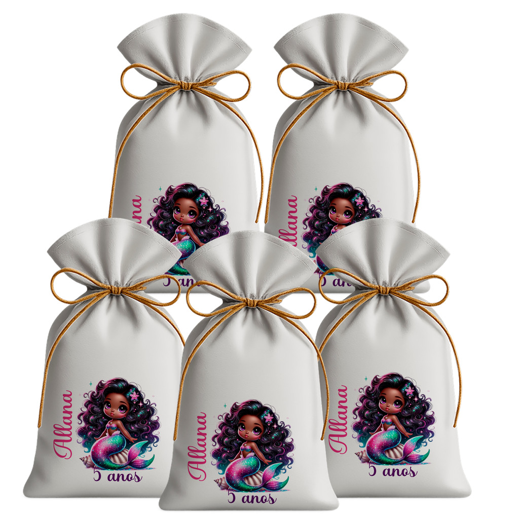 Kit 30 Saquinhos Sacolinhas Lembrancinha Festa Aniversário Tecido Personalizado Sereia Morena 3D