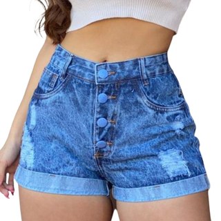 Short Jeans Feminino Soft Cós Alto Barra Dobrada 4 Botões,  Hs Moda Feminina