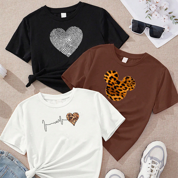 Combo 3 Blusas Feminina Coração Digital Mickey Onça Batimento Onça T-Shirt Kit 3 Cores Algodão