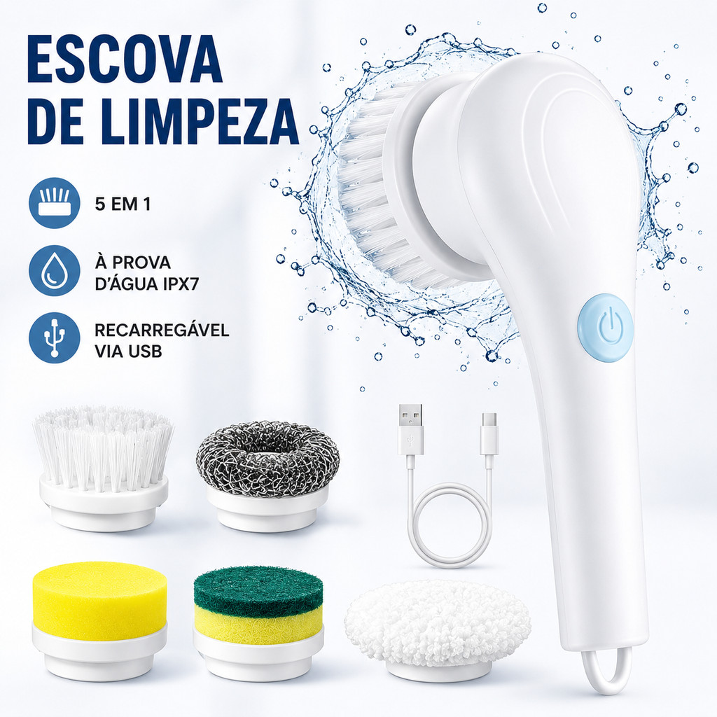 Escova Elétrica de Limpeza 5 em 1 Sem Fio Recarregável USB Multiuso para Cozinha Banheiro e Casa