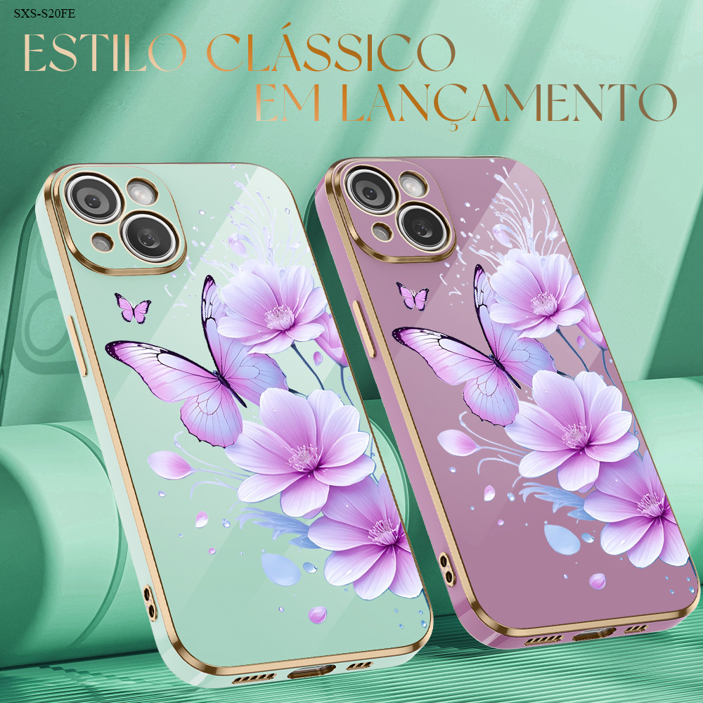 Capinha Flor Para Samsung Galaxy S24 S23 S22 S21 S20 FE Ultra 4G 5G Capa Borda Dourada Anti-Impacto Case DD2191