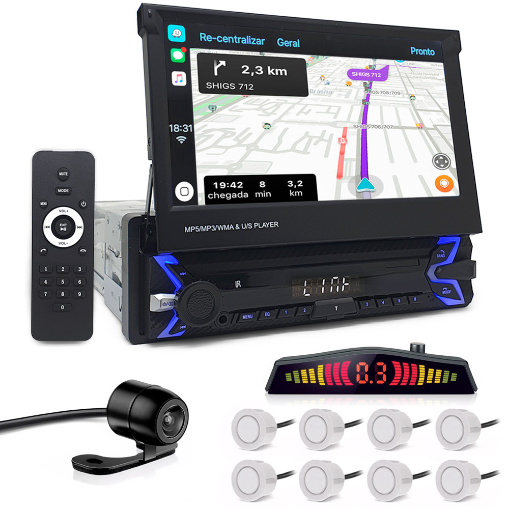 Kit Multimídia Tela Retrátil + Câmera Ré + Sensor 8 Pontos Branco Corolla 2013 2014 2015 2016 2017 Espelhamento Carplay