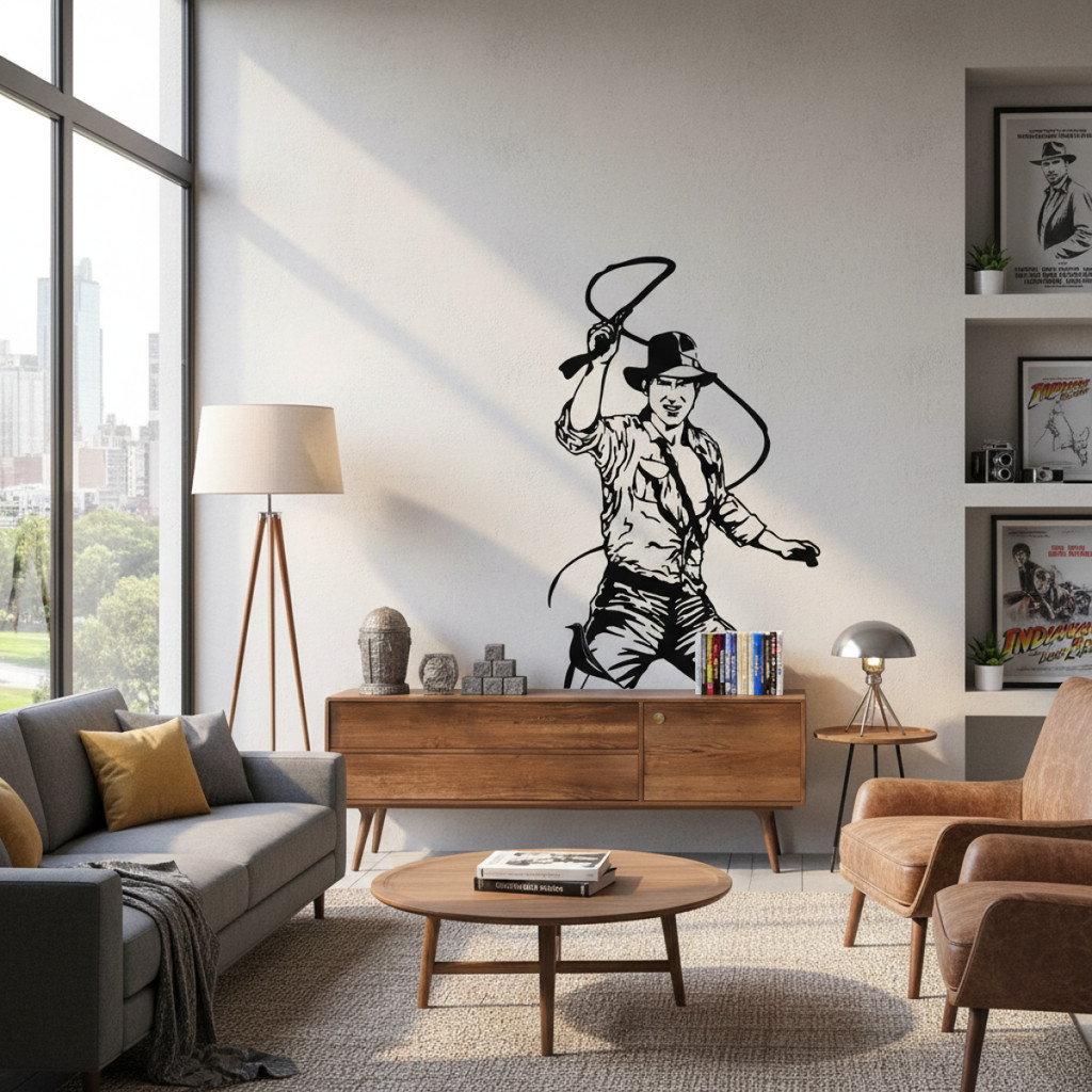 Adesivo decorativo Indiana Jones com chicote para parede - estilo vinil preto e branco