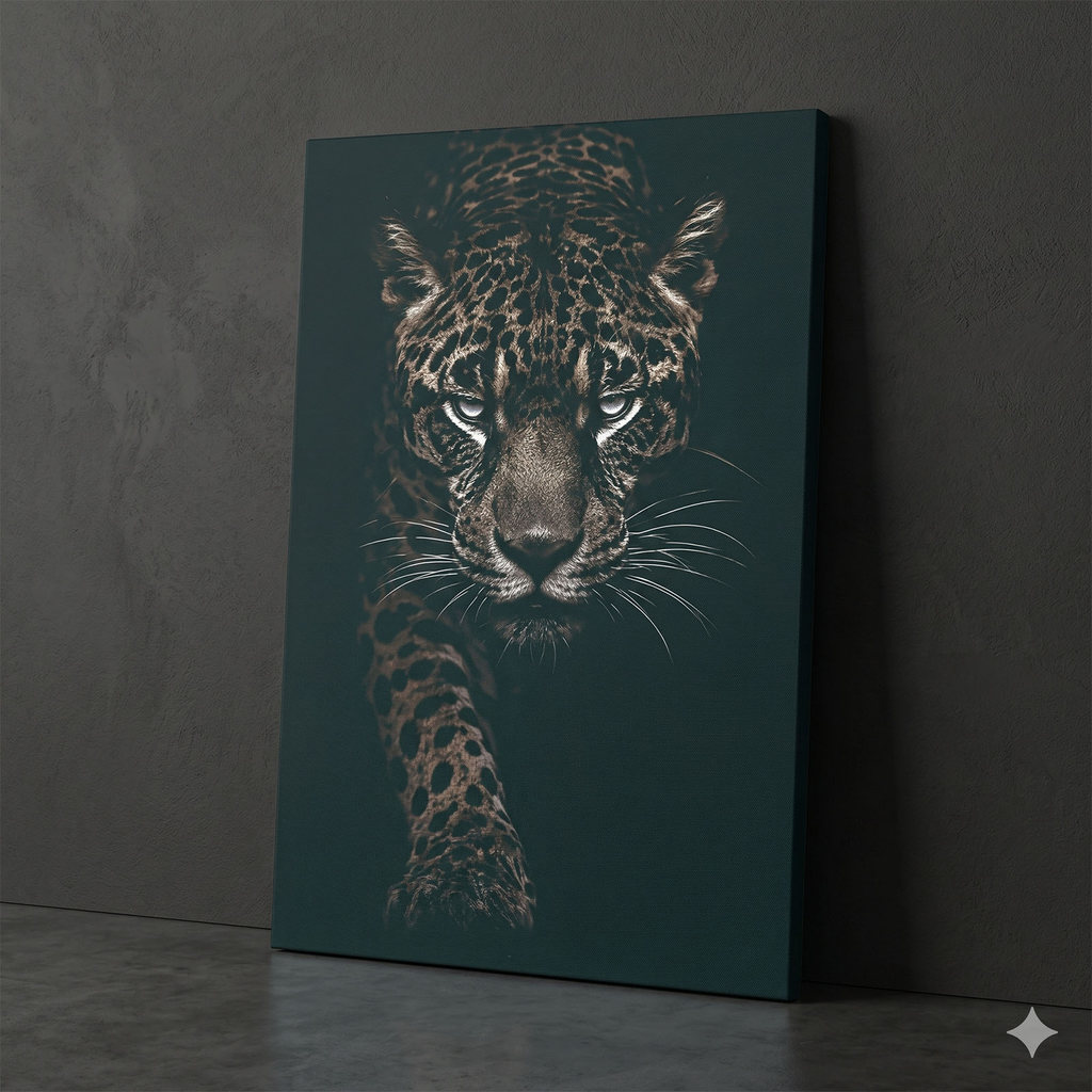Quadro Decorativo Onça Feroz Preto Noite Close Motivacional 60 x 90 cm Tecido Printoriah