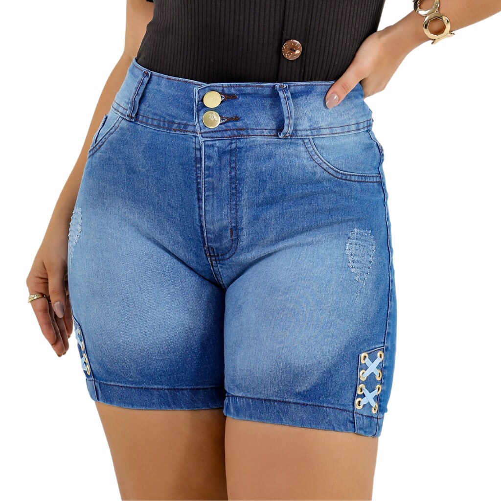 Short Jeans Feminino Premium Ilhós Esmaecido com Lycra, Empório do Jheans