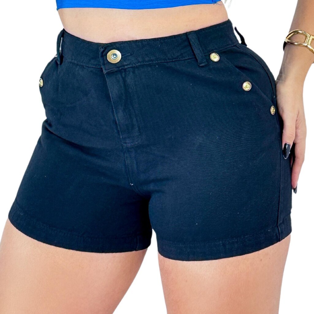 Short Jeans Feminino Preto com Detalhes Laterais, Empório do Jheans