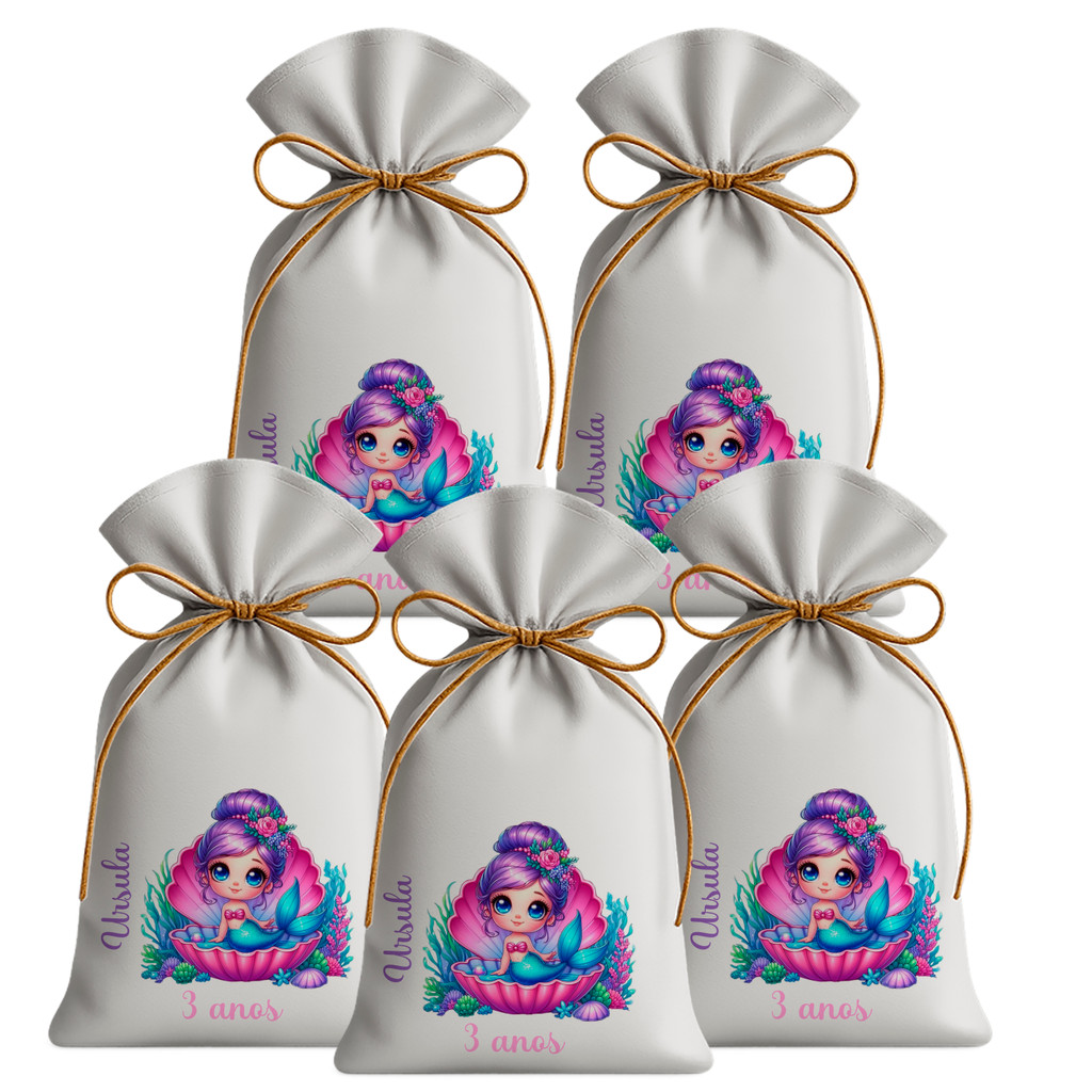 Kit 15 Saquinhos Sacolinhas Lembrancinha Festa Aniversário Tecido Personalizado Sereia Fundo do mar