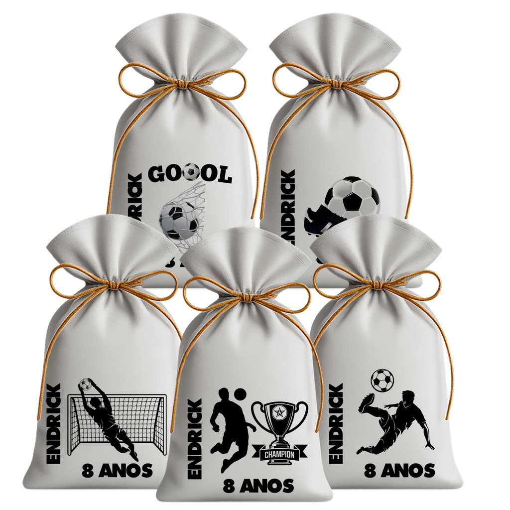 Kit 20 Saquinhos Sacolinhas Lembrancinha Festa Aniversário Tecido Personalizado Futebol Preto e Branco