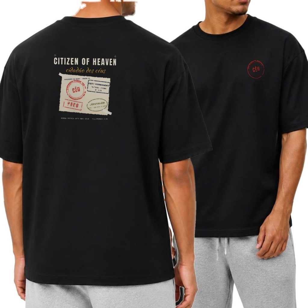 Camiseta Oversized Cristã Gospel Cidadão dos Céus Passaporte Streetwear Unissex Masculina Feminina Estampada Costas