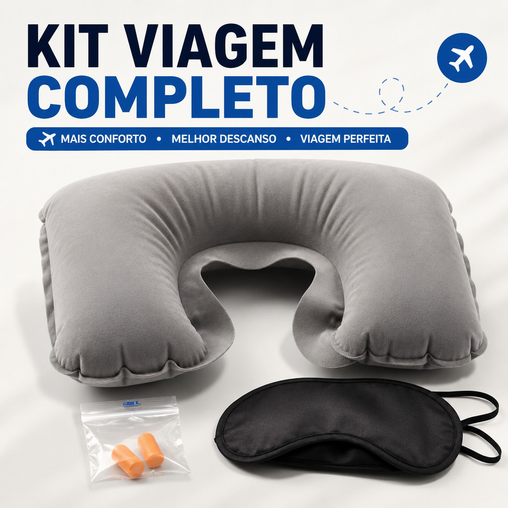 Almofada de Pescoço + Tapa Olho + Protetor Auricular Viagem Travesseiro Inflável Avião Ônibus