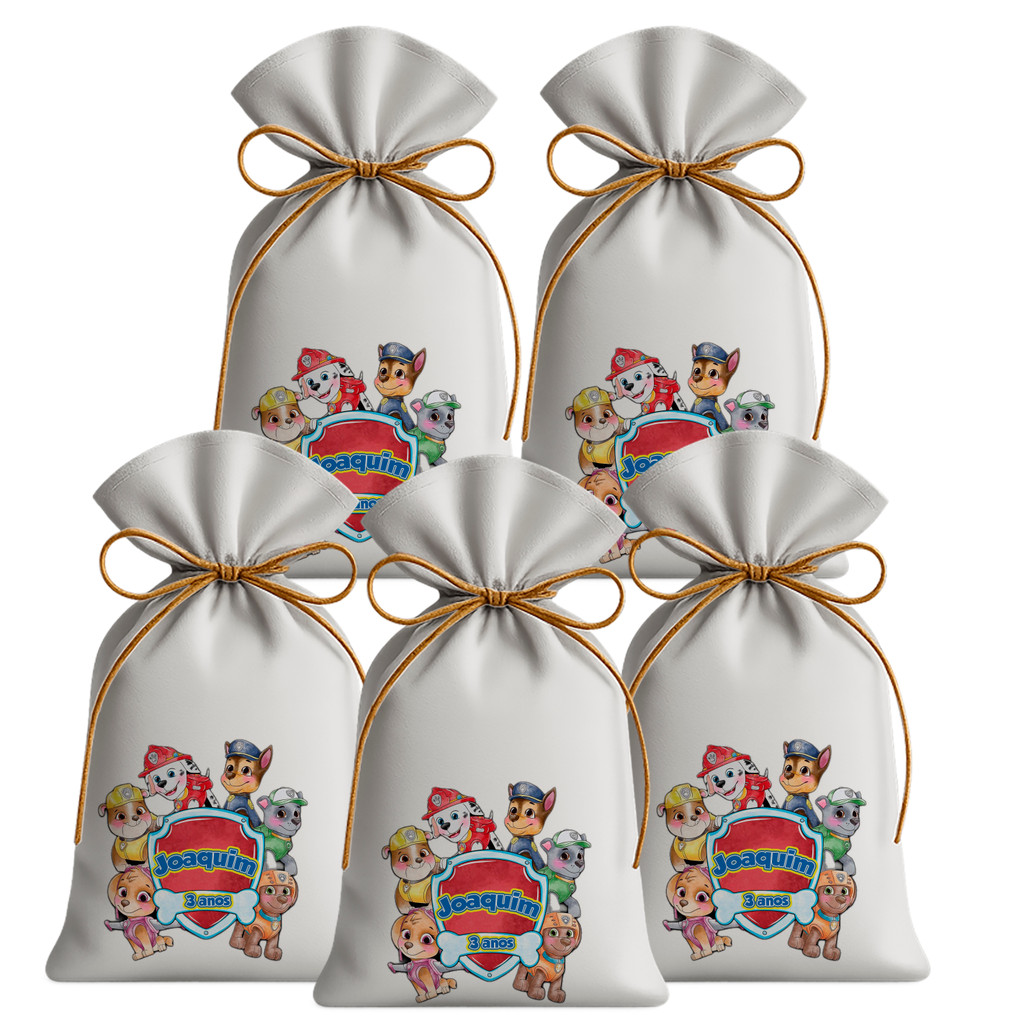 Kit 20 Saquinhos Sacolinhas Lembrancinha Festa Aniversário Tecido Personalizado Patrulha Canina cachorros Aquarela