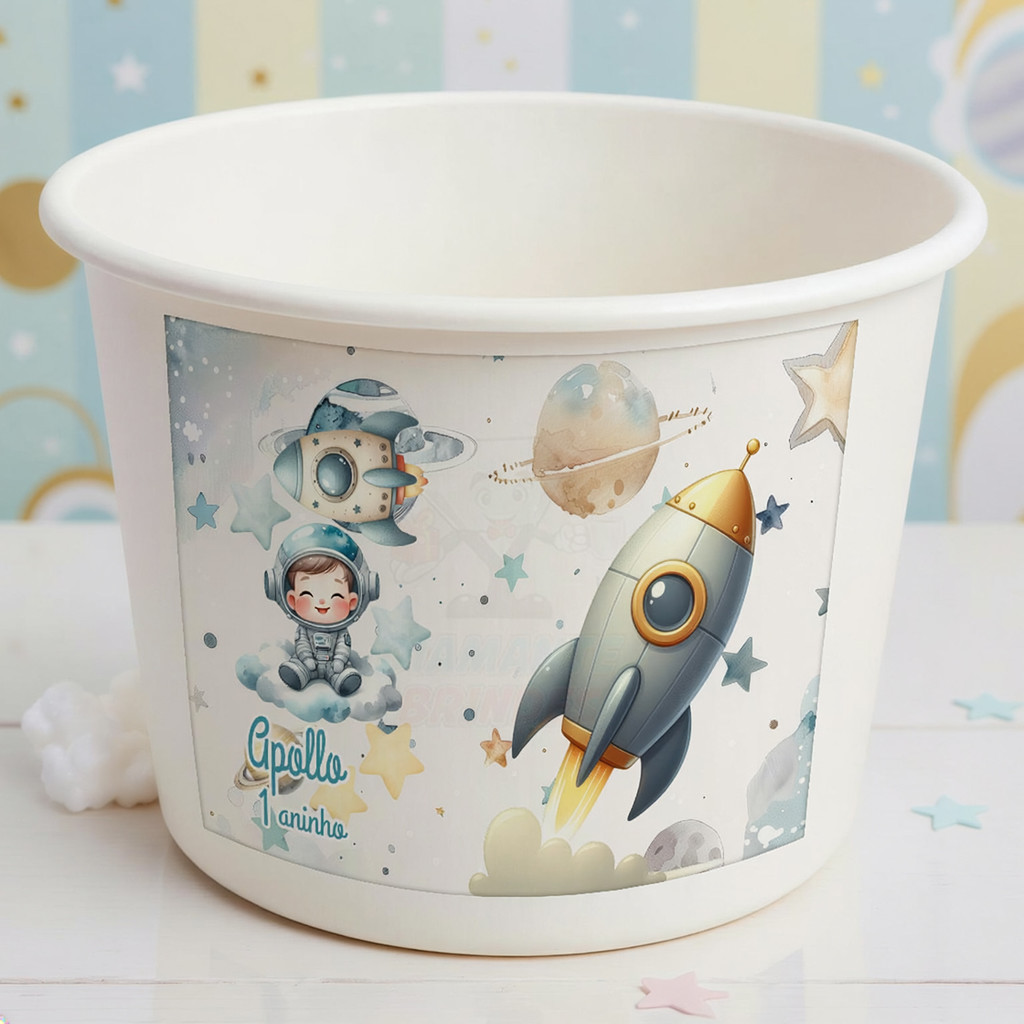 Balde de Pipoca Personalizado Astronauta Baldinho Lembrancinha Aniversário Festa Infantil Espacial