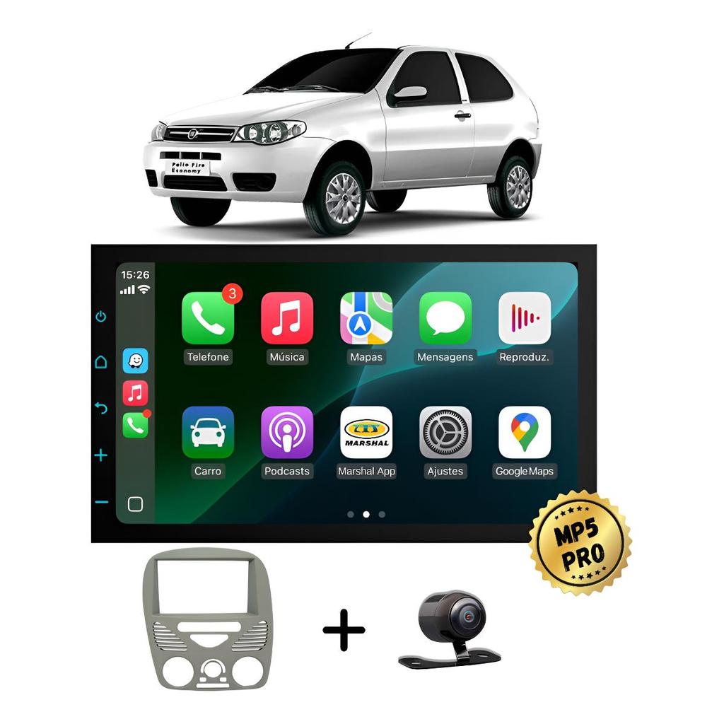 Kit Multimidia Mp5 Pro+ 7'  Fiat Palio G2 2002 2003 2004 até 2014, painel antigo, Com Ar, cinza