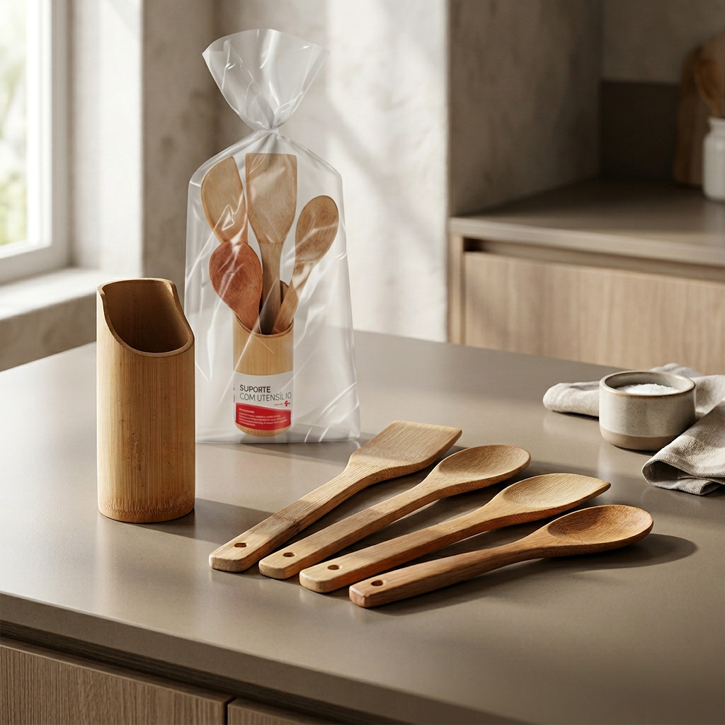 Kit Utensílios de Bambu 4 Peças com Suporte - Sustentável e Prático para Sua Cozinha