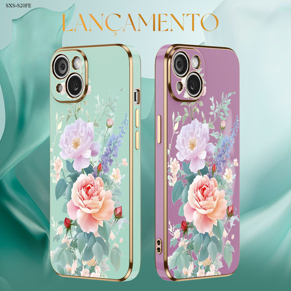 Capinha Flor Para Samsung Galaxy S24 S23 S22 S21 S20 FE Ultra 4G 5G Capa Borda Dourada Anti-Impacto Case DD2193