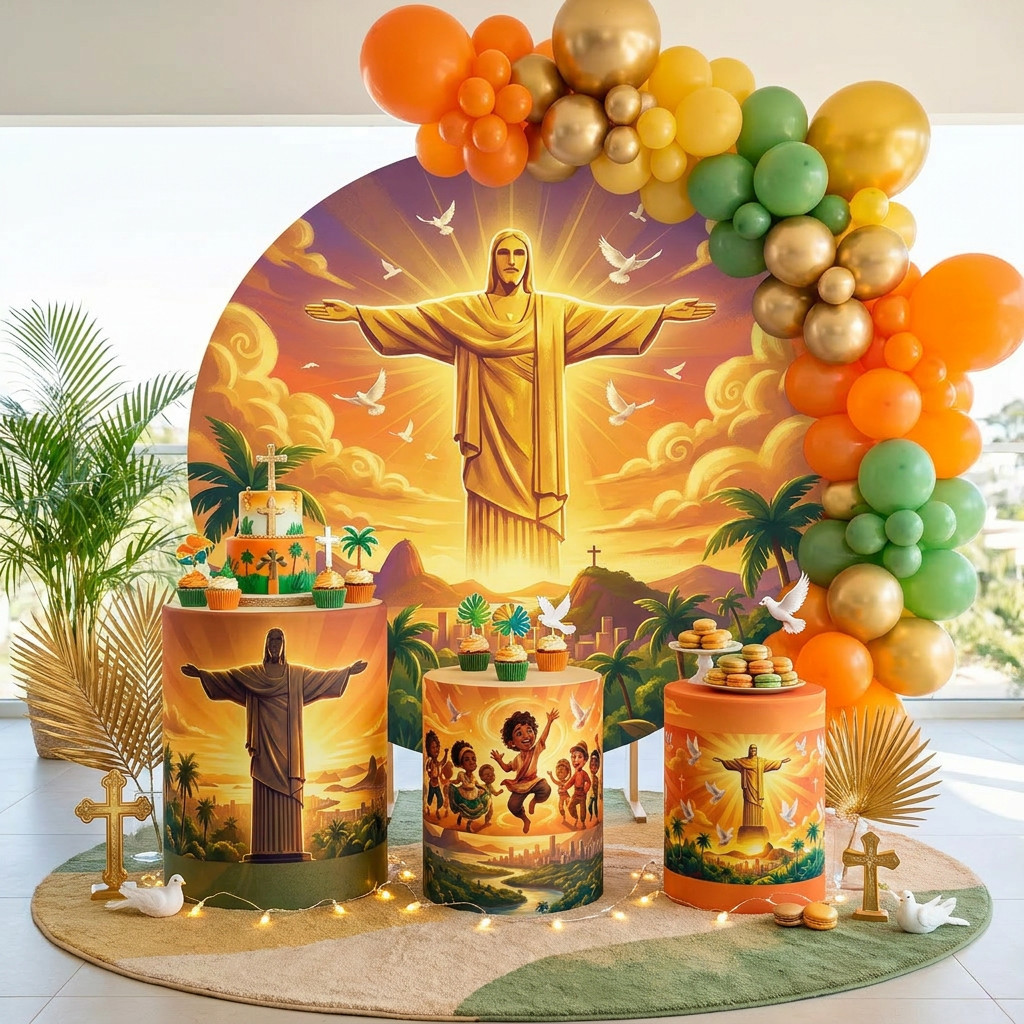 Painel Redondo Cristo Redentor + 3 Cilindros Decorativos Festa (COD: 1121)