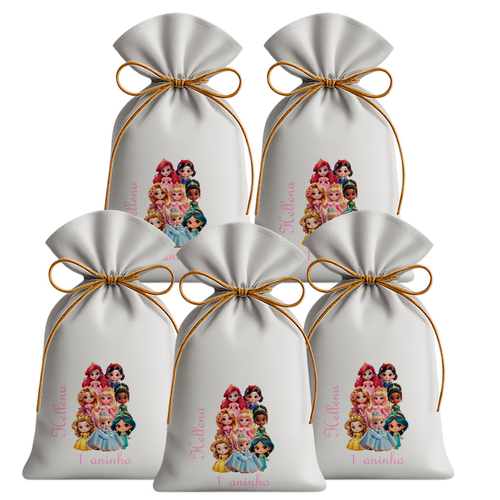 Kit 10 Saquinhos Sacolinhas Lembrancinha Festa Aniversário Tecido Personalizado Princesas Disney 3D