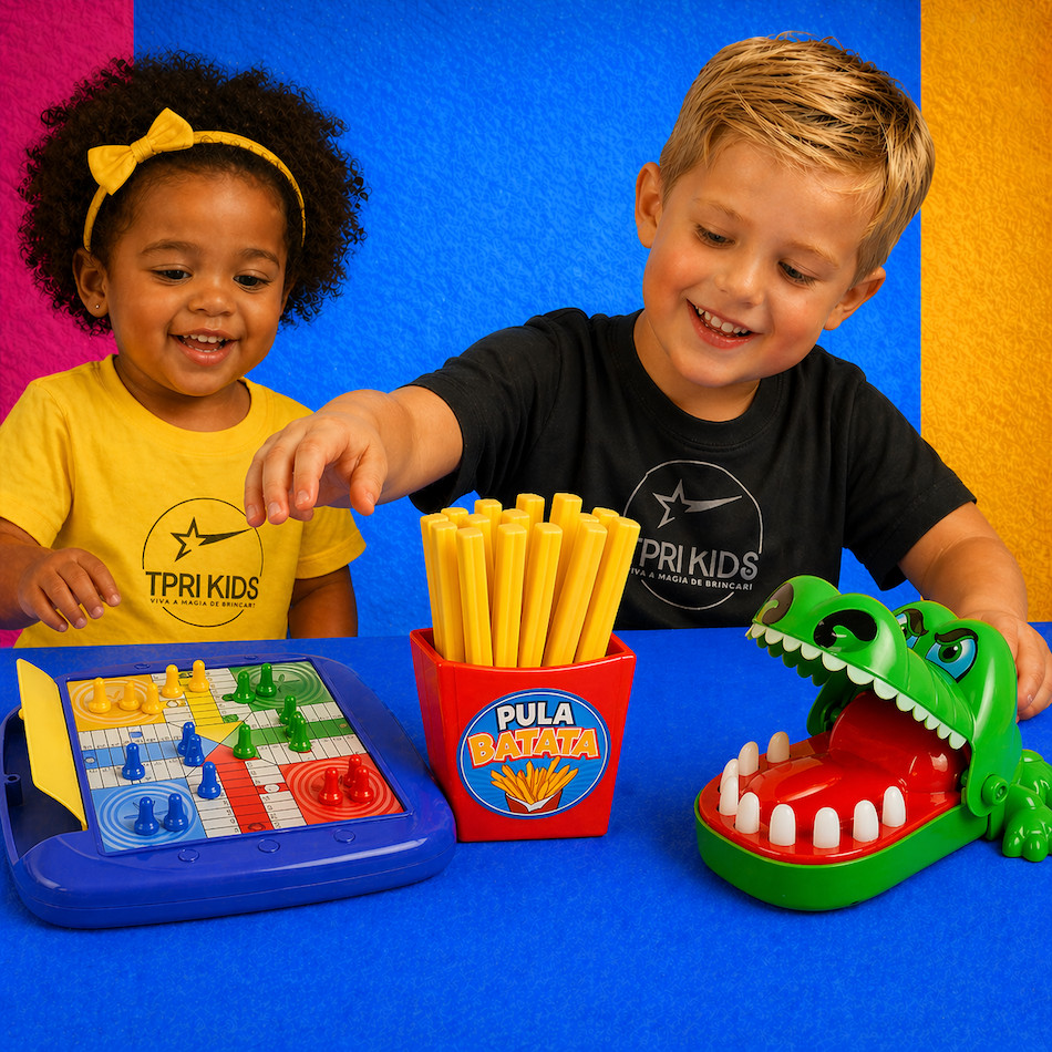 Kit 3 Brinquedos Educacionais Infantis Dama Xadrez 8 em 1 + Crocodilo Morde Dedo + Pula Batata