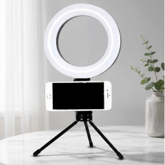 Iluminador Ring Light 6 Polegadas LED com Tripé de Mesa e Suporte para Celular 16CM USB