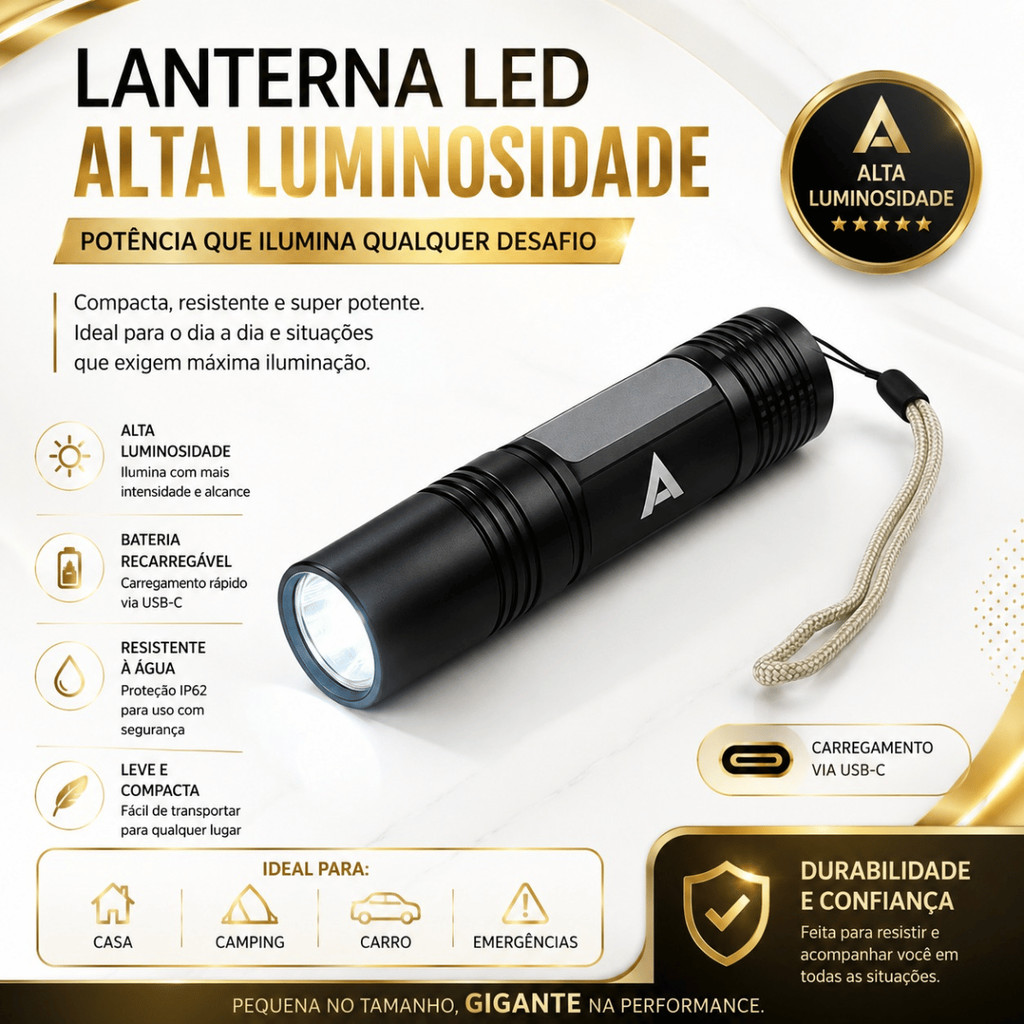 Lanterna Tática USB Recarregável LED Super Forte de Bolso Compacta | Alumínio Camping Caminhada Emergência Potente
