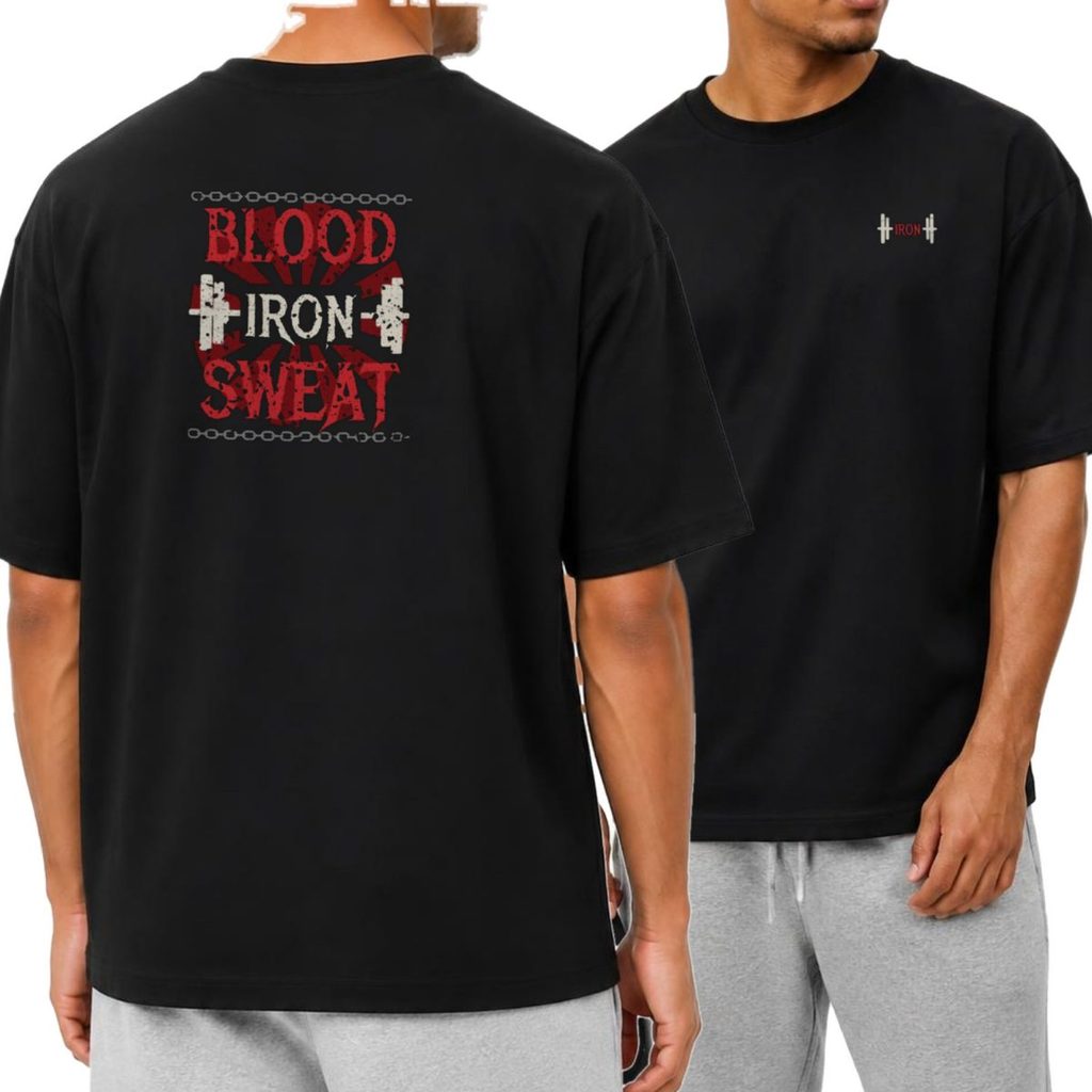 Camiseta Oversized Academia Treino Blood Sweat Iron Streetwear Unissex Masculina Feminina Estampada Costas Presente