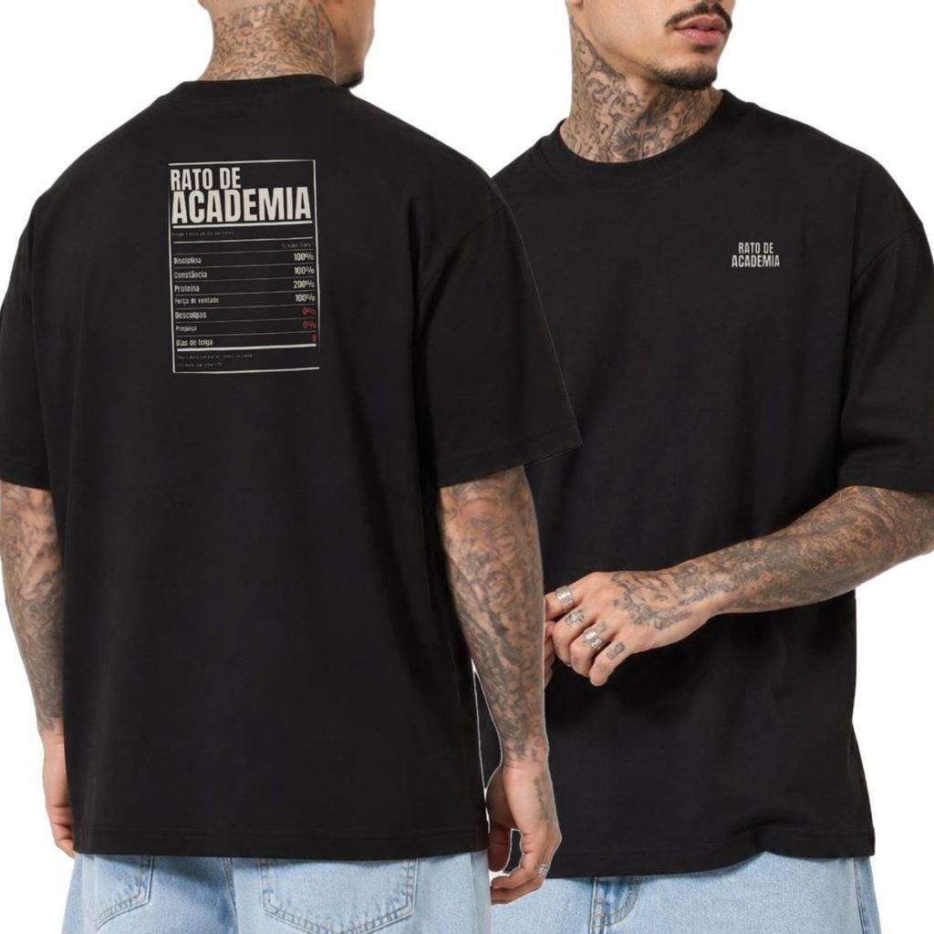 Camiseta Oversized Academia Treino Rato de Academia Streetwear Unissex Masculina Feminina Estampada Costas Presente