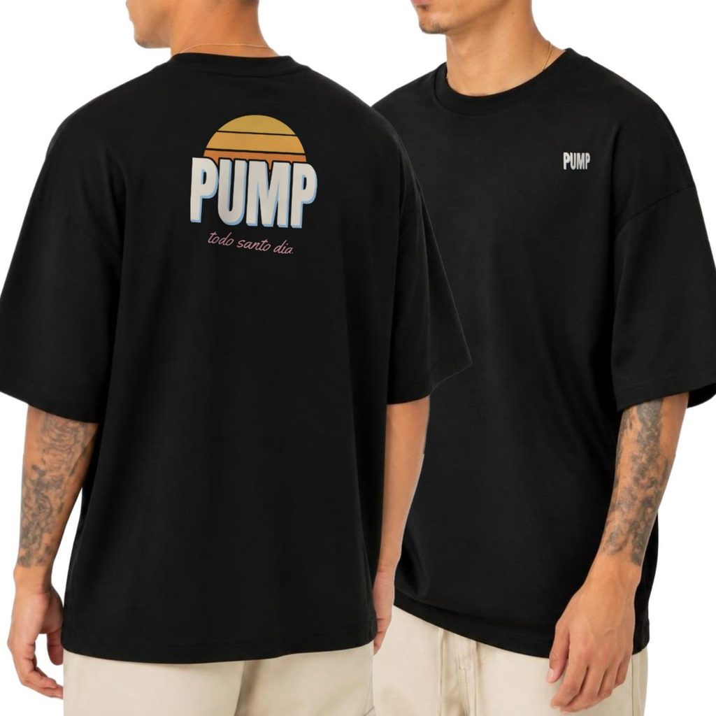 Camiseta Oversized Academia Treino Pump Retrô Streetwear Unissex Masculina Feminina Estampada Costas Presente