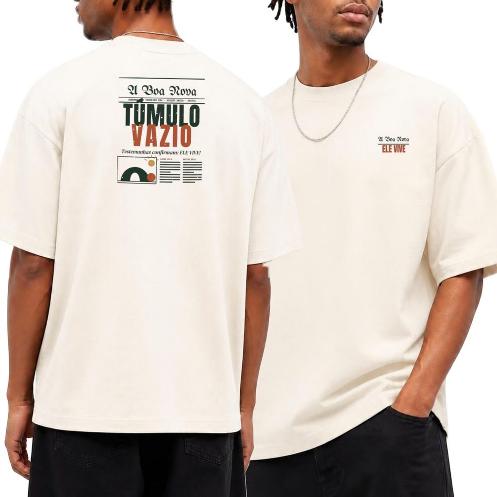 Camiseta Oversized Cristã Gospel A Boa Nova Jornal Off-White Streetwear Unissex Masculina Feminina Estampada Costas