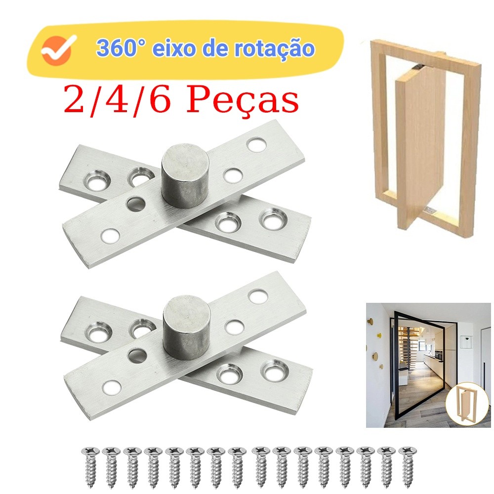 2/4/6 Peças 360°Dobradiça de porta giratória, dobradiça giratória oculta com parafusos de fixação, dobradiça oculta