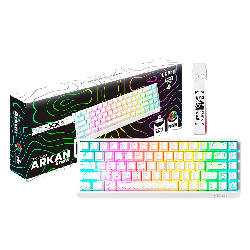 Teclado Gamer 65% Clanm Arkan Snow Membrana RGB Keycaps Neon ANSI USB Cabo Removivel 68 Teclas Branco