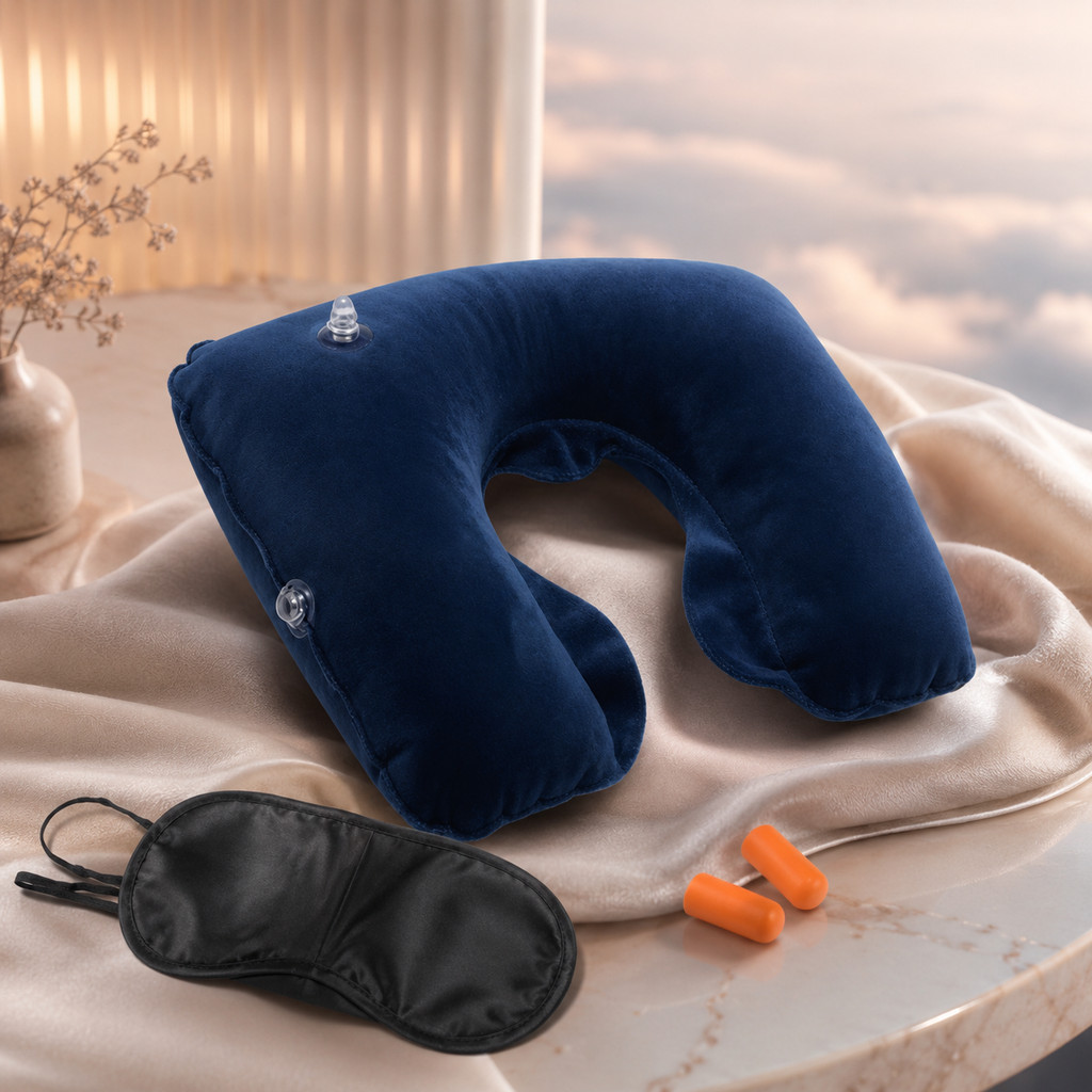Almofada Inflável de Pescoço Kit Viagem com Travesseiro Máscara para Olhos e Protetores Auriculares