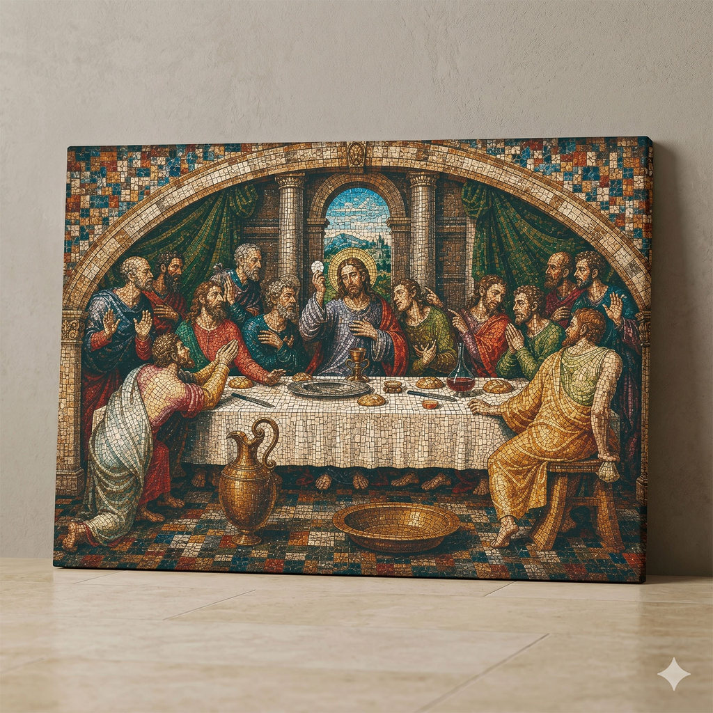Quadro Decorativo Santa Ceia Mosaico Jesus 60 x 90 cm Tecido Printoriah