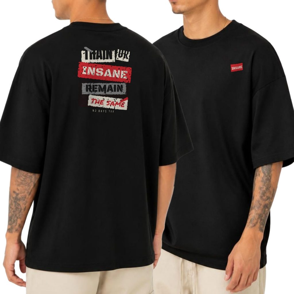 Camiseta Oversized Academia Treino Train Insane Collage Streetwear Unissex Masculina Feminina Estampada Costas