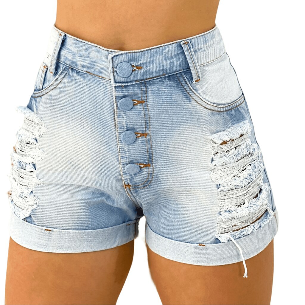 Short Jeans Feminino Destroyed Botões Encapados Soft Cintura Alta Hot Pants - Savane Jeans