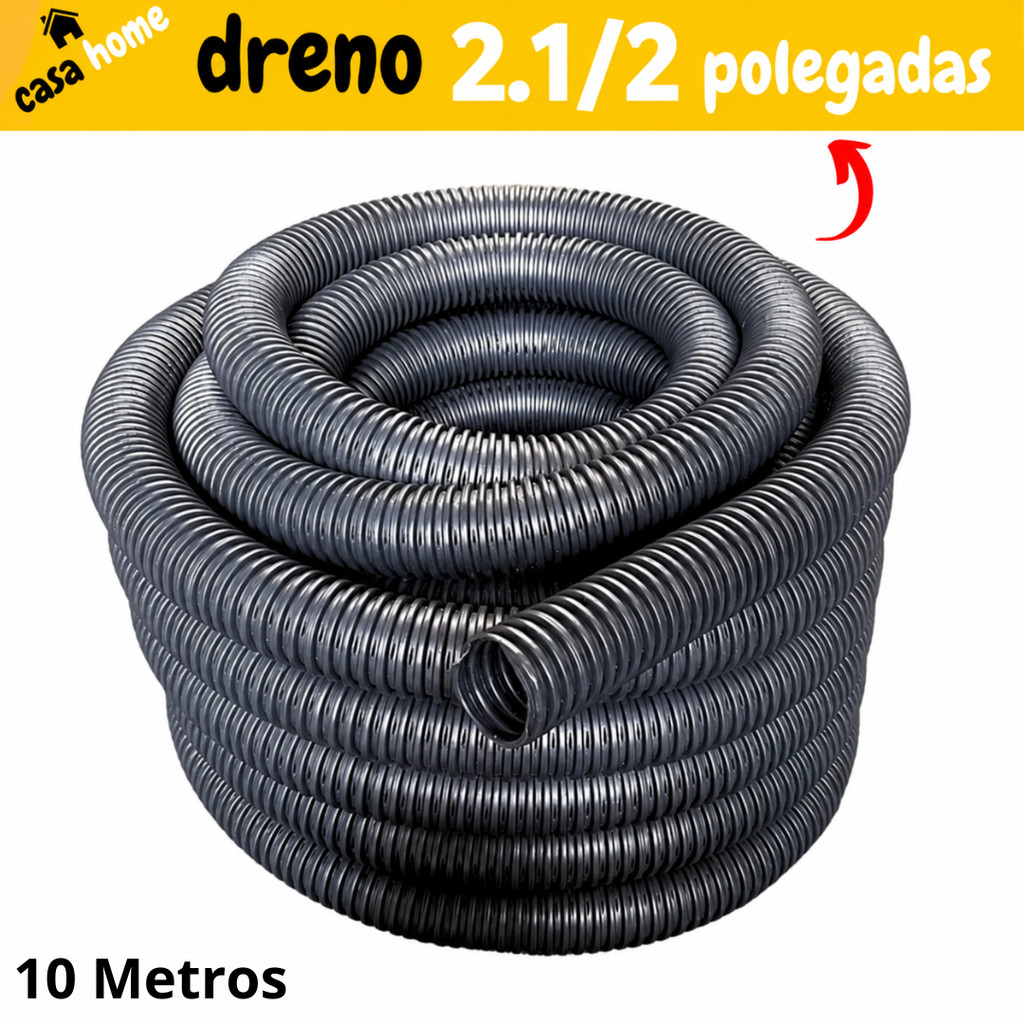 Tubo Duto PEAD Corrugado Dreno Perfurado 2.1/2 pol (65mm) Rolo 10 Metros para Construção Resistente