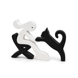 Enfeite Decorativo Menina e Gato Kit 2 Peças para Estante