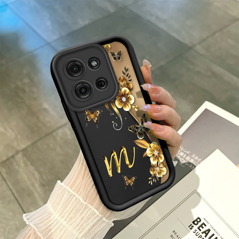 Capinha Estampa Letra Flor Para Motorola Moto G75 5G Capa Macia Silicone Preta Caso BTY 7493
