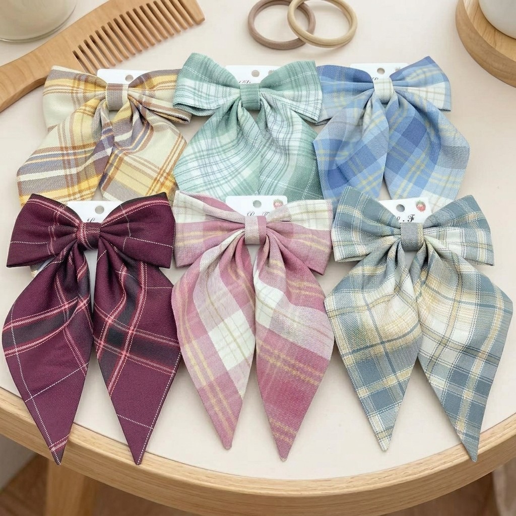 Presilha De Cabelo Laço Grande Xadrez Com Fita Longa Estilo Colegial Acessório Feminino Elegante