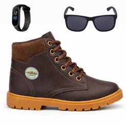 Kit com Botinha Infantil Tratorada Super Leve para Festa Junina Casual Aventura + Óculos + Relógio