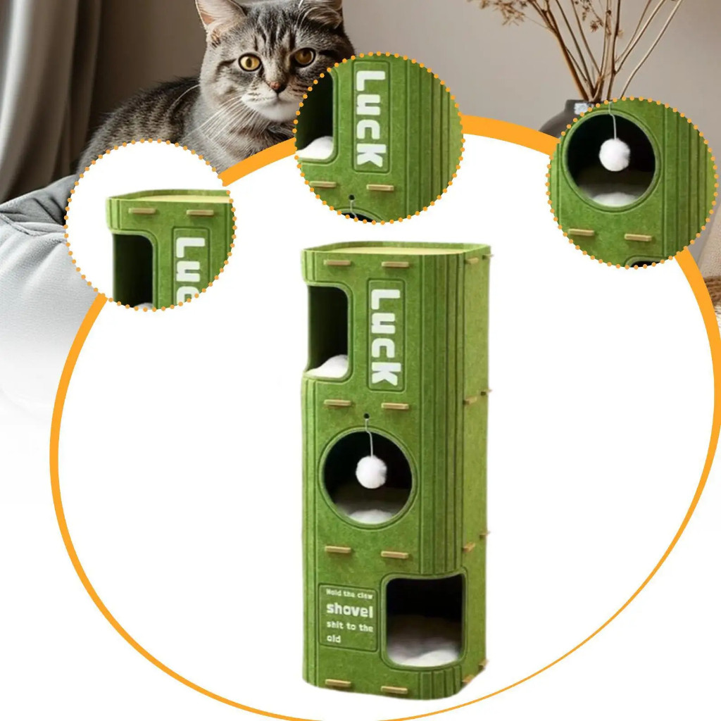 Uma casinha de feltro de três andares para gatos, com estrutura para escalada, adequada para todas as estações do ano no
