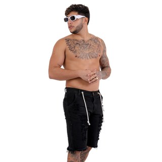 Bermuda Jeans Masculina Preta Rasgada Destroyed Com Cordao Premium Bermuda jeans Short jeans Streetwearrasgada