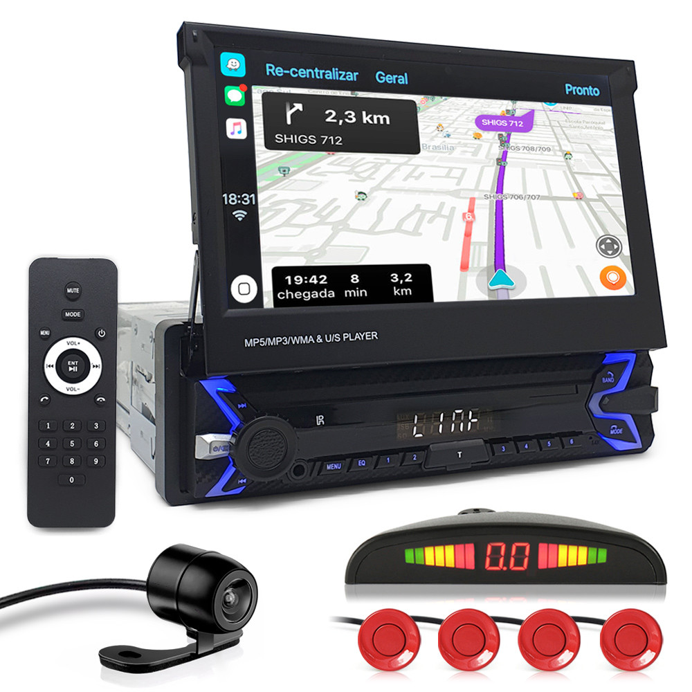 Kit Multimídia Tela Retrátil + Câmera Ré + Sensor Ré Vermelho Corolla 2013 2014 2015 2016 2017 Espelhamento Carplay