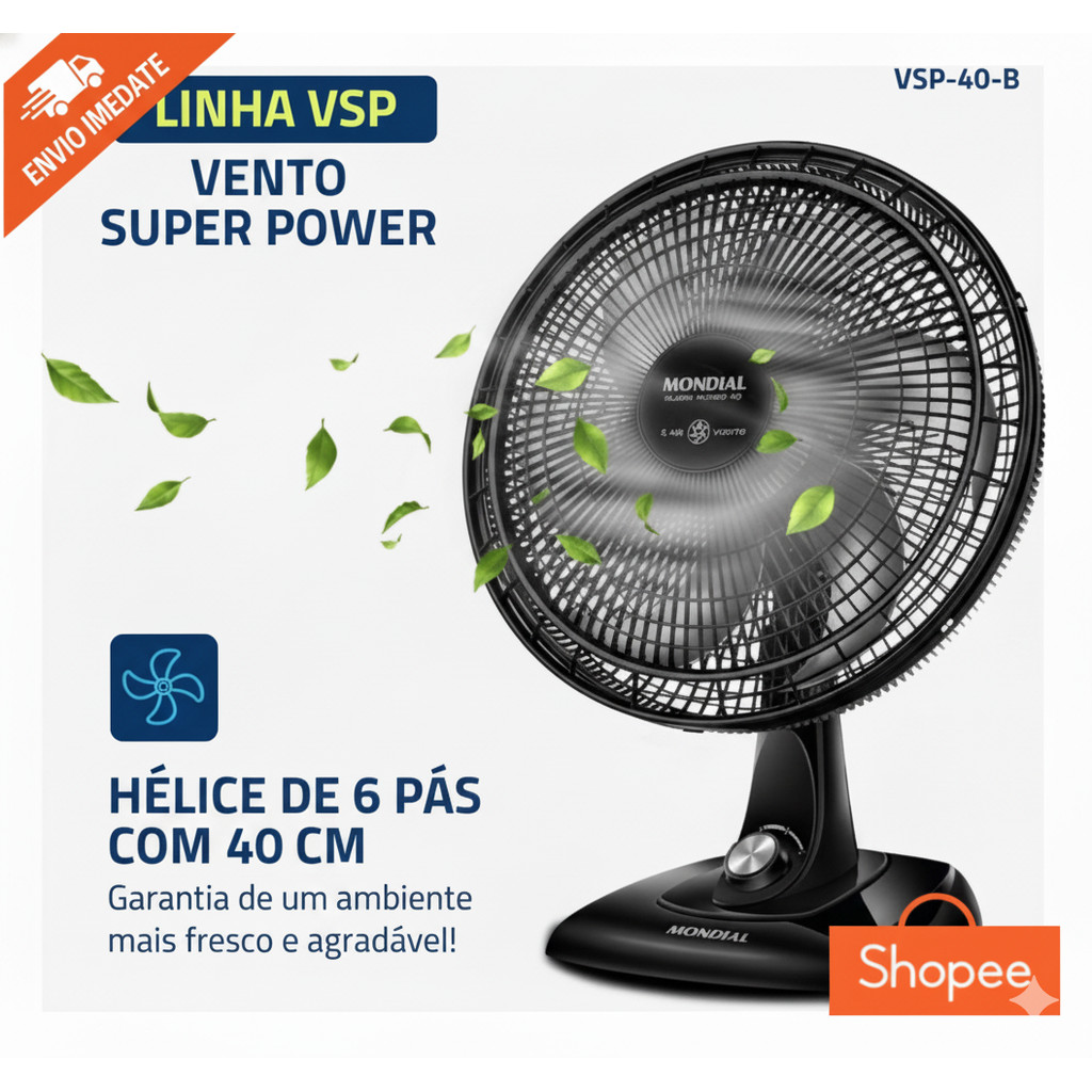 Ventilador Mesa 40cm Mondial Super Power 140W 127V VSP-40-B 6 Pás Turbo Oscilante Silencioso Preto