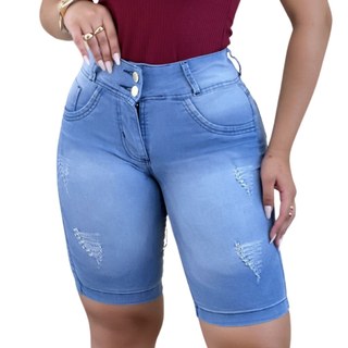 Short Jeans Feminino Pedal Esmaecido Claro Lycra Cintura Alta
