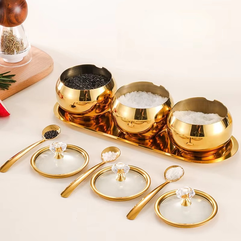 Kit3 Potes Açúcar Condimentos Com Bandeija Aço Inox 304 Esférico Cozinha Luxuoso Moderno Organizador Vendido(s) - Tipo B